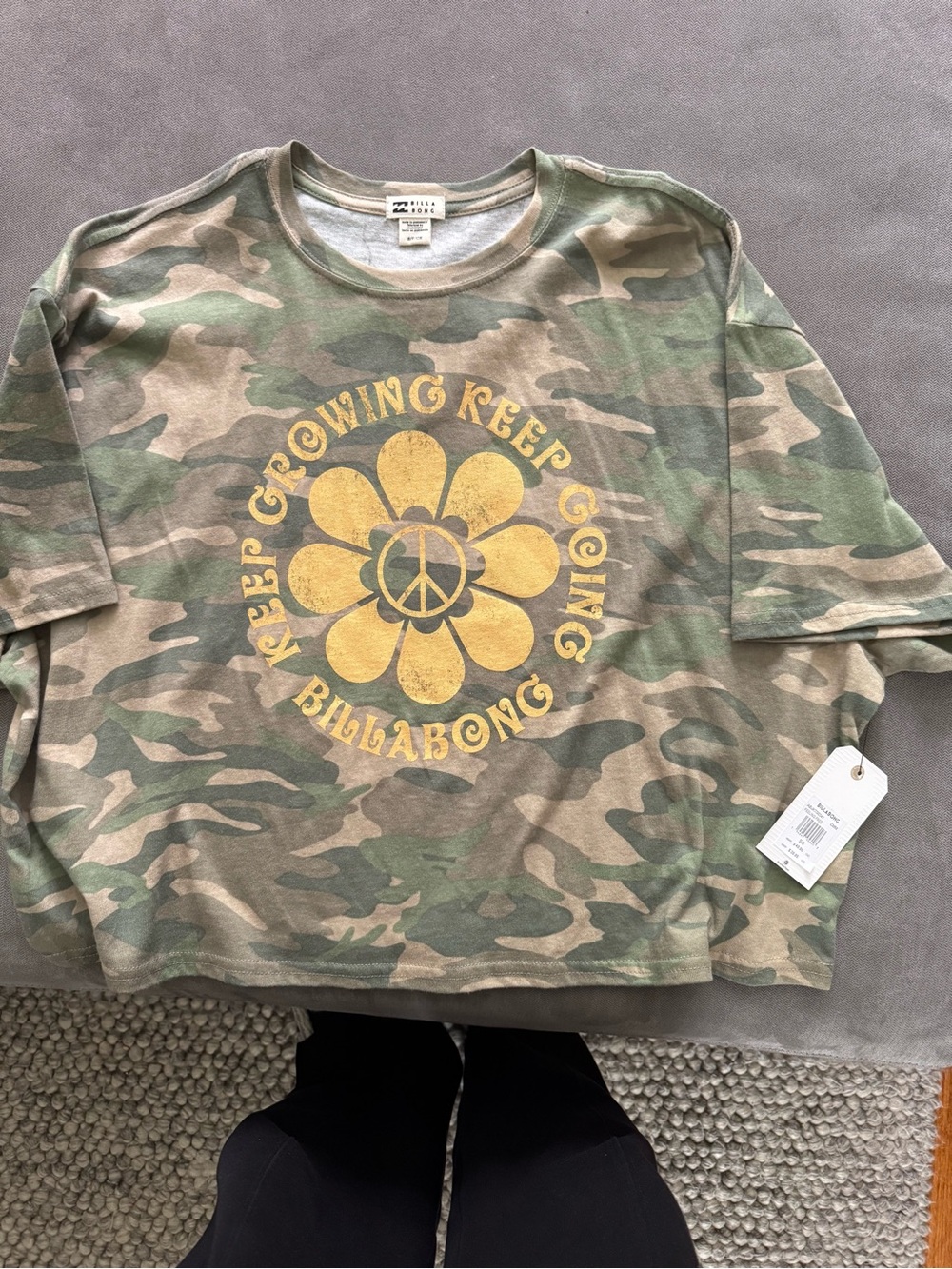 Billabong Kids Green Camo Long Sleeve Tee with Yellow Flower Graphic